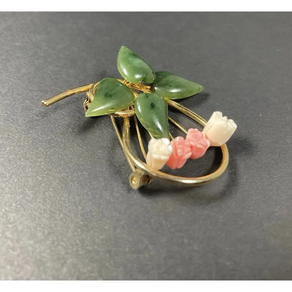 Vintage Faux Jade & Coral White Carved Rose Buds Gold Tone Pin Brooch